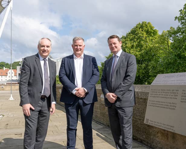 Neil Coulson, CEO of St Andrews Links Trust, is flanked Scottish Government Business Minister Richard Lochhead and Rob Dickson, Director of Industry & Events at VisitScotland, at Dynamic Earth in Edinburgh