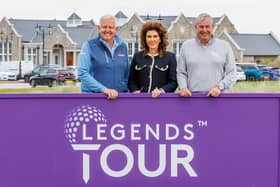 Sarah Malone, executive vice president of Trump International Golf Links, is flanked by Staysure PGA Seniors Championship host Colin Montgomerie and Legends Tour CEO Phil Harrison at the Aberdeen venue on Wednesday