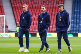From left: Scotland's Josh Doig, Andy Irving and Kieron Bowie at Hampden. (Photo by Craig Williamson / SNS Group)