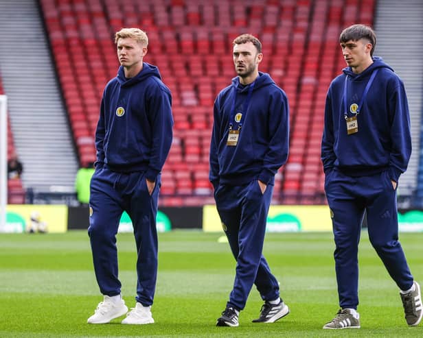 From left: Scotland's Josh Doig, Andy Irving and Kieron Bowie at Hampden. (Photo by Craig Williamson / SNS Group)