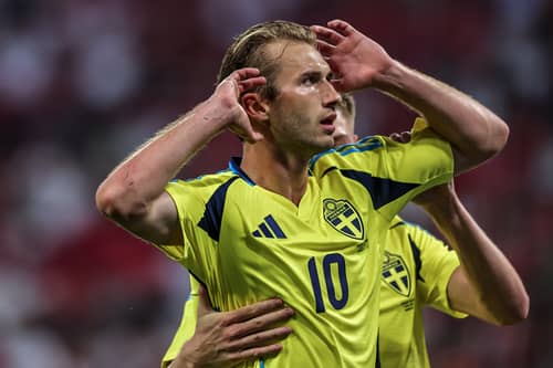 Celtic target Benjamin Nygren celebrates after scoring for Sweden in the friendly against Hungary at Puskas Arena on June 6, 2025. (Photo by David Balogh/Getty Images)