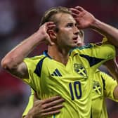 Celtic target Benjamin Nygren celebrates after scoring for Sweden in the friendly against Hungary at Puskas Arena on June 6, 2025. (Photo by David Balogh/Getty Images)