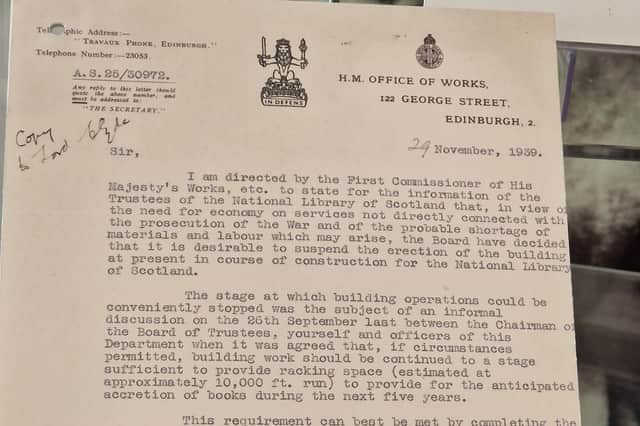 A 1939 letter delaying the construction of the National Library of Scotland building due to the Second World War.