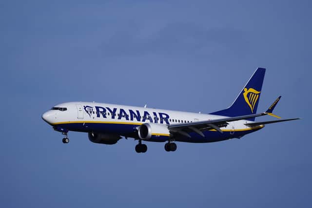 A Ryanair passenger plane coming into land.