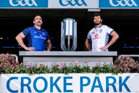 Leinster captain Jack Conan and Vodacom Bulls skipper Ruan Nortjé with the BKT URC Trophy at Croke Park.