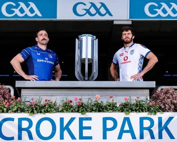 Leinster captain Jack Conan and Vodacom Bulls skipper Ruan Nortjé with the BKT URC Trophy at Croke Park.