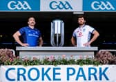 Leinster captain Jack Conan and Vodacom Bulls skipper Ruan Nortjé with the BKT URC Trophy at Croke Park.
