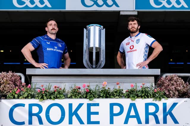 Leinster captain Jack Conan and Vodacom Bulls skipper Ruan Nortjé with the BKT URC Trophy at Croke Park.