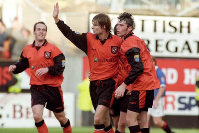 Steven Pressley is congratulated by Andy McLaren after netting a penalty for Dundee Utd against Rangers at Tannadice in October 1997.
