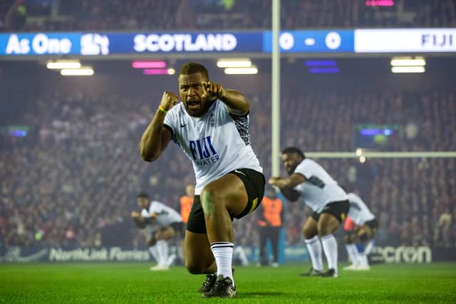 Fiji's Tevita Ikanivere leads the cibi war dance before the match against Scotland at Murrayfield in November.
