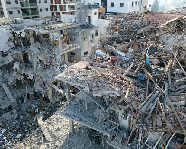 Aerial picture shows damaged buildings in the  Israeli city of Ramat Gan near Tel Aviv  after an Iranian missile strike. The retalation from Iran came after Israel unleashed a massive onslaught against the Islamic republic's nuclear and military facilities, with  several top generals killed. PIC: AFP via Getty.