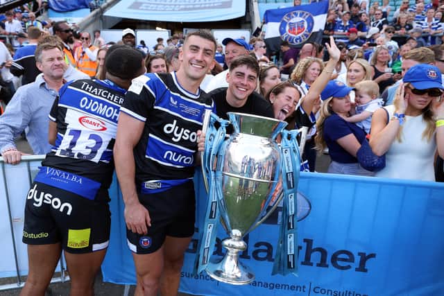 Cameron Redpath of Bath poses with the trophy after his team won the Gallagher Premiership final.