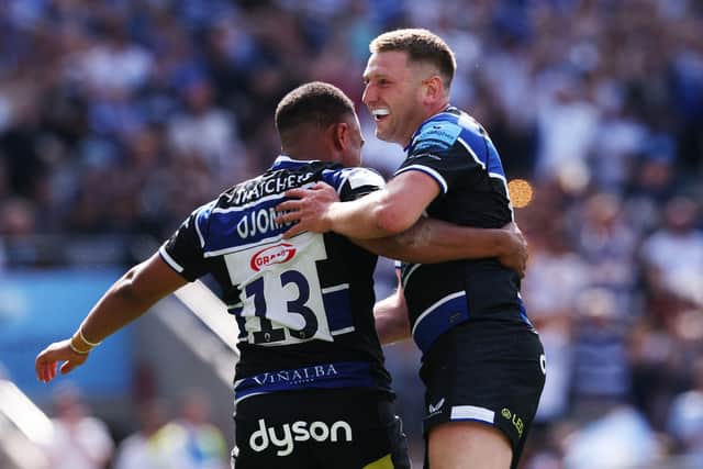 Max Ojomoh of Bath celebrates with Finn Russell after scoring his side' second try during the Gallagher Premiership Rugby final against Leicester Tigers.