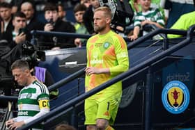 Celtic goalkeeper Kasper Schmeichel comes down the Hampden steps after collecting his Scottish Cup runners up medal. (Photo by Rob Casey / SNS Group)