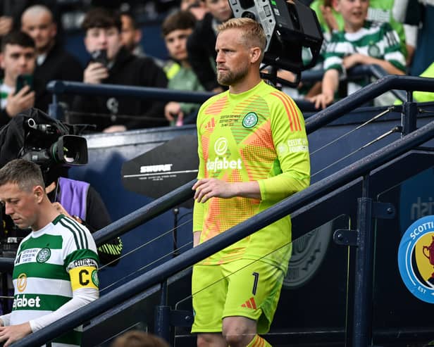 Celtic goalkeeper Kasper Schmeichel comes down the Hampden steps after collecting his Scottish Cup runners up medal. (Photo by Rob Casey / SNS Group)