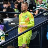 Celtic goalkeeper Kasper Schmeichel comes down the Hampden steps after collecting his Scottish Cup runners up medal. (Photo by Rob Casey / SNS Group)