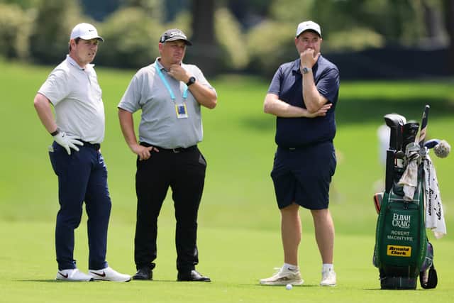 Bob MacIntyre pictured with his coach Simon Shanks and caddie Mike Burrow during last month’s PGA Championship at Quail Hollow