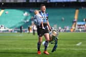 Finn Russell with daughter Skye after helping Bath beat Leicester in the Gallagher Premiership final at the Allianz Stadium at Twickenham on Saturday.