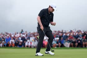 Bob MacIntyre reacts to holing a birdie putt on the 15th hole in the final round the 125th US Open at Oakmont Country Club 