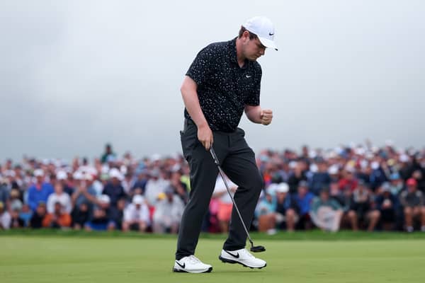 Bob MacIntyre reacts to holing a birdie putt on the 15th hole in the final round the 125th US Open at Oakmont Country Club 