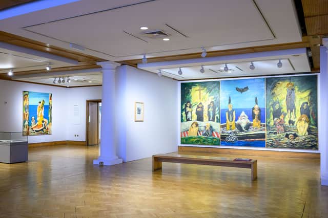 Installation view of John Bellany: A Life in Self-Portraiture at the City Art Centre, Edinburgh, showing Homage to John Knox (1969)