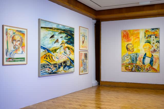 Installation view of John Bellany: A Life in Self-Portraiture at the City Art Centre, Edinburgh, showing The Old Man and the Sea - Homecoming (second left)