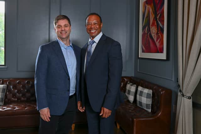 New PGA Tour CEO Brian Rolapp pictured with player director Tiger Woods at a board meeting in Cromwell, Connecticut, on Tuesday