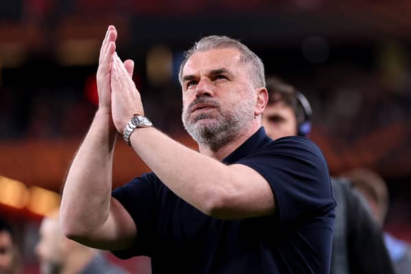Ange Postecoglou applauds Tottenham fans after his side's victory in the Europa League final. (Photo by Michael Steele/Getty Images)