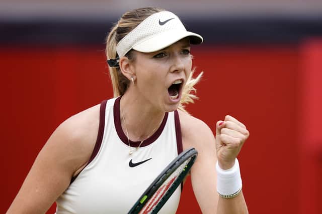 Katie Boulter celebrates during her match against Diana Shnaider on day four of the HSBC Championships at The Queen's Club, London. Picture: Jordan Pettitt/PA Wire