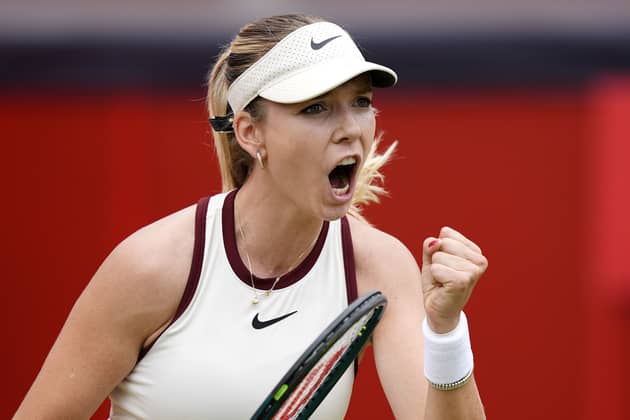 Katie Boulter celebrates during her match against Diana Shnaider on day four of the HSBC Championships at The Queen's Club, London. Picture: Jordan Pettitt/PA Wire