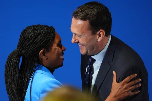 Scottish Conservatives leader Russell Findlay welcomes Conservative Party leader Kemi Badenoch to the stage at the Scottish Conservative party conference at Murrayfield Stadium in Edinburgh last week