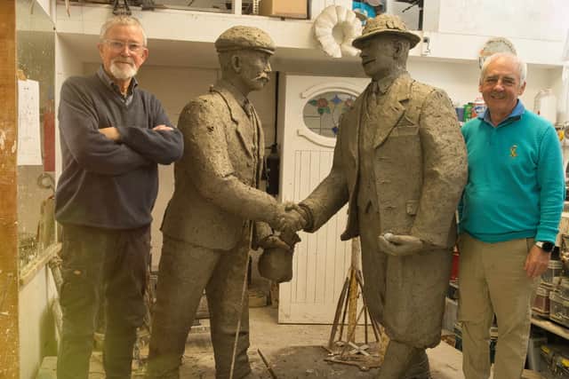 Sculptor David Annand, left, and Professor David Bell, past captain of Royal Dornoch, pictured with the clay model of the statue of Highland icons Donald Ross and John Sutherland, which will feature at the entrance to the new clubhouse