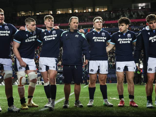 Scotland U20 head coach Kenny Murray, centre, with some of his players. 