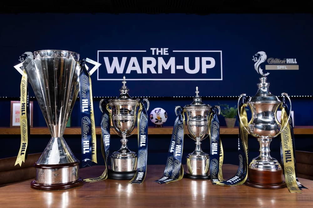 The William Hill Premiership trophy, Championship trophy, League 1 trophy and League 2 trophy on display during a launch event for the fixture release at Four Winds Pavilion, Pacific Quay in Glasgow. (Photo by Craig Foy / SNS Group)