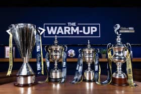 The William Hill Premiership trophy, Championship trophy, League 1 trophy and League 2 trophy on display during a launch event for the fixture release at Four Winds Pavilion, Pacific Quay in Glasgow. (Photo by Craig Foy / SNS Group)