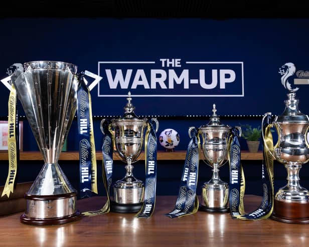 The William Hill Premiership trophy, Championship trophy, League 1 trophy and League 2 trophy on display during a launch event for the fixture release at Four Winds Pavilion, Pacific Quay in Glasgow. (Photo by Craig Foy / SNS Group)
