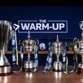 The William Hill Premiership trophy, Championship trophy, League 1 trophy and League 2 trophy on display during a launch event for the fixture release at Four Winds Pavilion, Pacific Quay in Glasgow. (Photo by Craig Foy / SNS Group)