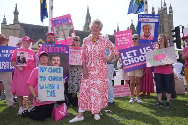 Dame Prue Leith joins activists from Dignity in Dying in support of the assisted dying Bill in Parliament Square, central London, ahead of a debate on the Terminally Ill Adults (End of Life) Bill in the House of Commons