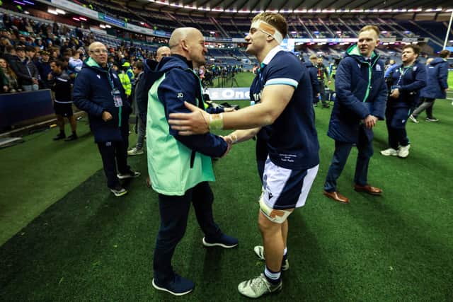 Freddy Douglas is congratulated on his Scotland debut by head coach Gregor Townsend after he made his bow against Portugal at Murrayfield on November 16, 2024.