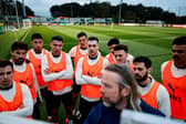 Cristiano Ronaldo and his Portugal teammates give their attention to assistant coach Austin MacPhee at the tactics board. Pic: Portuguese Football Federation