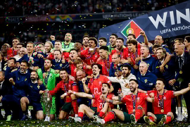 Portugal players and coaches celebrate with the Nations League trophy after defeating Spain in the final. Pic: Portuguese Football Federation