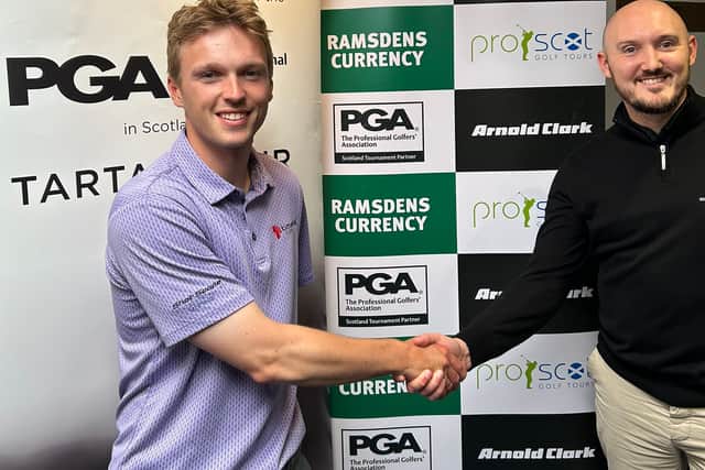 Bathgate’s Joe Bryce is congratulated by Andrew McIntyre, the general manager at Hilton Park