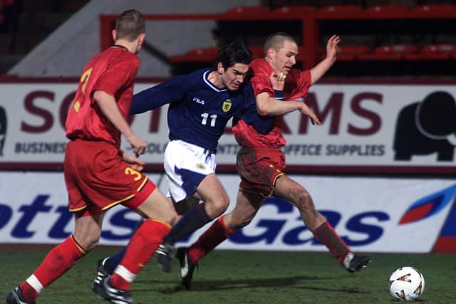 Richard Hughes battles for the ball as Scotland Under-21s take on Belgium Under-21s at Dunfermline FC's East End Park.