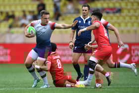 Scotland winger Ross McCann in action for the Great Britain sevens team against Tonga during an Olympic repechage event in Monaco in 2024. GB men failed to qualify. 