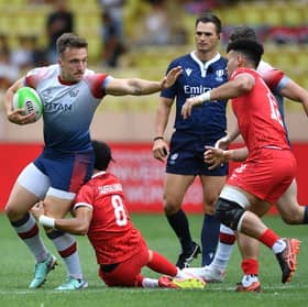Scotland winger Ross McCann in action for the Great Britain sevens team against Tonga during an Olympic repechage event in Monaco in 2024. GB men failed to qualify. 