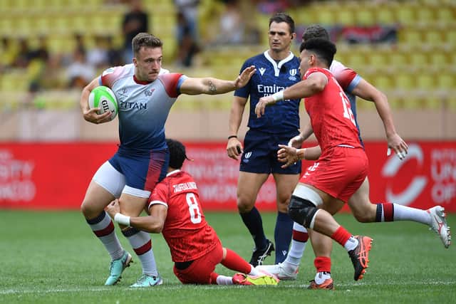 Scotland winger Ross McCann in action for the Great Britain sevens team against Tonga during an Olympic repechage event in Monaco in 2024. GB men failed to qualify.