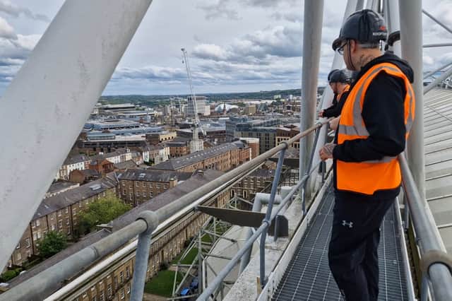 View towards the Tyne Bridge and Newcastle city centre from roof of St James Park stadium