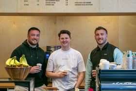 Scottish international rugby star brothers Matt (right) and Zander Fagerson alongside Fraser Smith (centre) at the newly opened Zone.One cafe in St Andrews.