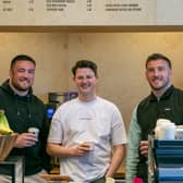Scottish international rugby star brothers Matt (right) and Zander Fagerson alongside Fraser Smith (centre) at the newly opened Zone.One cafe in St Andrews.
