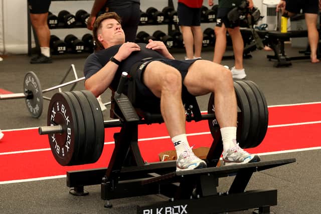 Huw Jones takes part in a gym session during the British & Irish Lions training camp at The Campus, Quinta do Lago in Faro, Portugal. (Photo by David Rogers/Getty Images)
